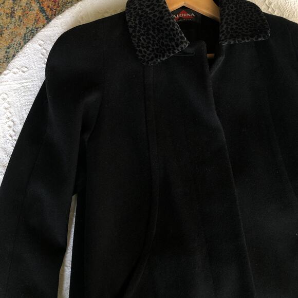 VTG 80s Alorna Forstmann Black Wool Peacoat Medium Cheetah Print Trim Mob Wife - Picture 3 of 12